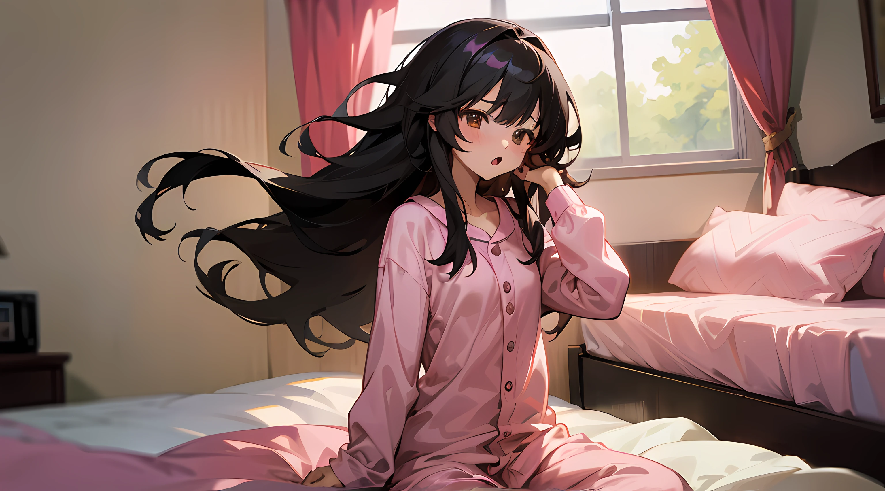 anime girl waking up in the morning, on her bed, morning, (1girl), long black hair, brown eyes, small breasts, pink pajamas, yawning, bed hair, messy hair, ultrasharp, masterpiece, high res, 8k