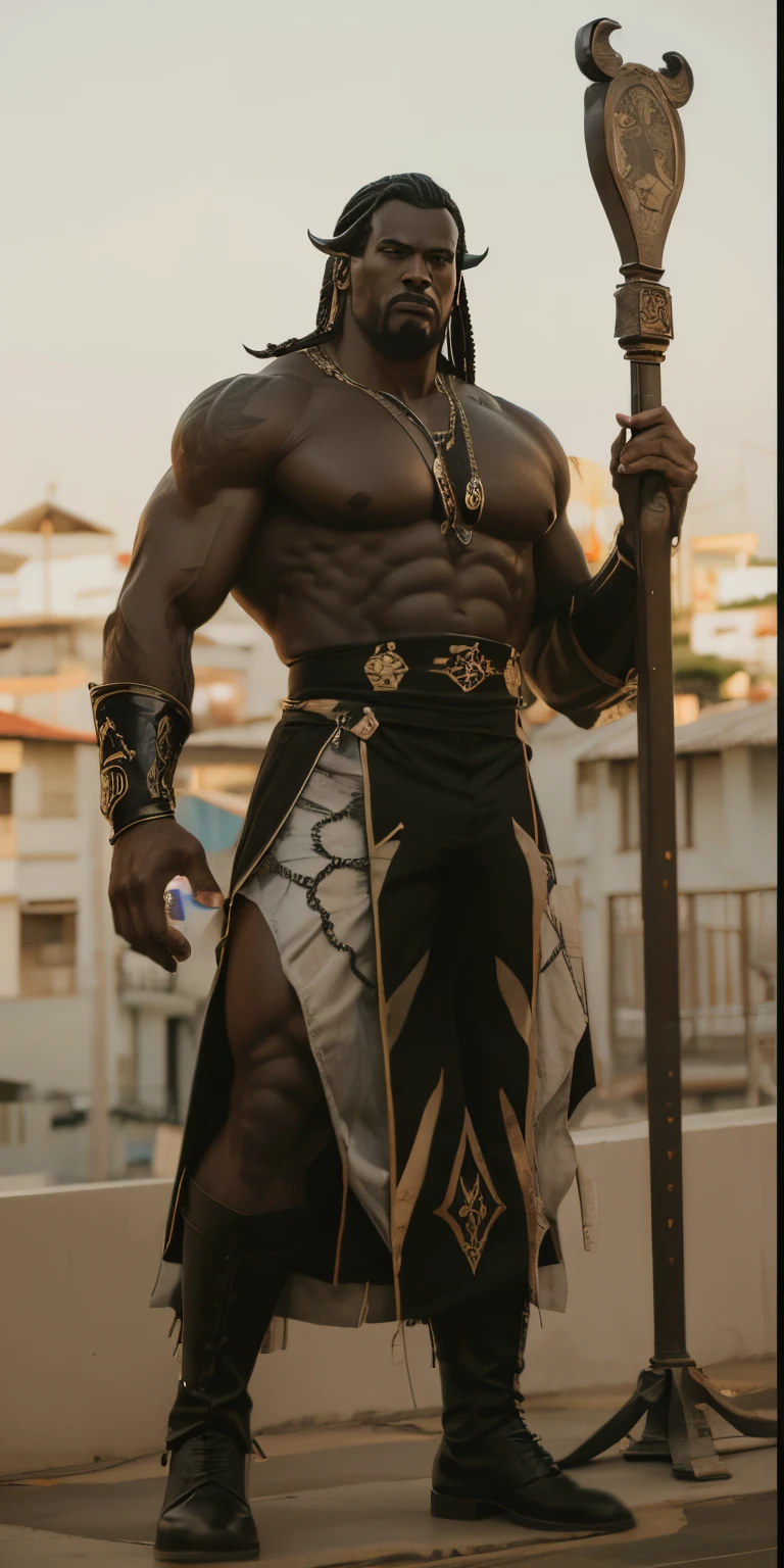 Monstro, feiticeiro negro, in pants, de noite, vilarejo