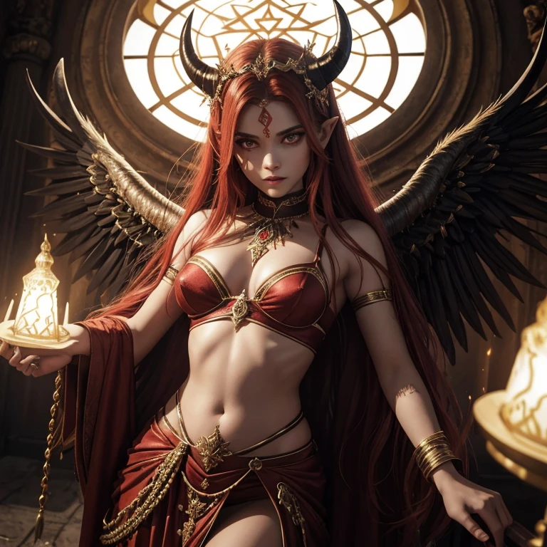 filme CG, Tiflin, devils,cabelos descuidados,xogum,unparalleled beauty,menina adolescente,(Senhor do Inferno),demon king,Asas pretas,fallen angels,Tatuado com,As cicatrizes,Armadura pesada vermelho-sangue,respingos de sangue,Tem gravura em ouro, (pale skinned), respingos de sangue, horns on head,Succubi, Riso cruel,(Olhos vermelhos ardentes), , Pentagrama de sangue vermelho, Grimmore Brilhante fecha, summoning circle, Correntes enferrujadas, Satan's Enlightened Temple, Reflexo da lente, eixo, detalhes intrincados, altamente detalhado, voluminetric lighting, 4k render, Foto de estoque, Ultra foto realsisim, textura realista, dramatic lighting, illusory engine