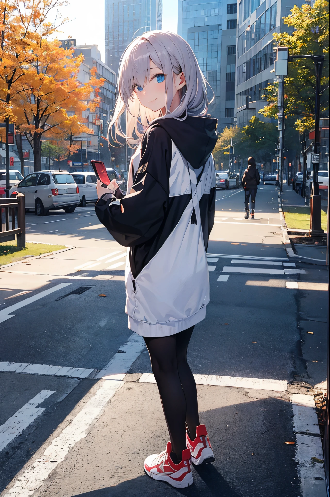 (Girl with a nasty appearance:1.3)、(Daytime hours:1.5)、(and chest:1.4)、Raw photography, top-quality, hight resolution, (masterpiece), (Photorealsitic:1.4), (Mole under the eyes),Anime Cosplay, foco nítido, nffsw, 8K分辨率, intricate detailes, depth of fields, the Extremely Detailed CG Unity 8K Wallpapers, front lit, femele,25-years old、 Happy face,Smiling、Bangs covering one eye、(tying hair:1.5)、(Medium Showtrain Bo Hair)、(Big hoodie)、blue eyess,(a park:1.5)、(Walk:1.3)、(Full body depiction)、cell phone、(from back view:1.2)、shining world、Autumn、tree々、Winters、midwinter
