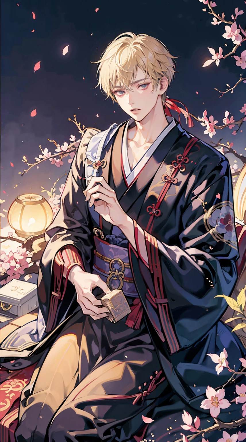 Japanese style,[Touken ranbu], [Yamanbagiri Kunihiro],serious expression,cherry blossoms,1young guy,best quality, more details, masterpiece, portrait, male focus, solo, moonlight, fantastic, nail polish, blonde hair, short hair,luxurious, 8k, detailed, ray tracing, depth of field, cinematic lighting,cool face,