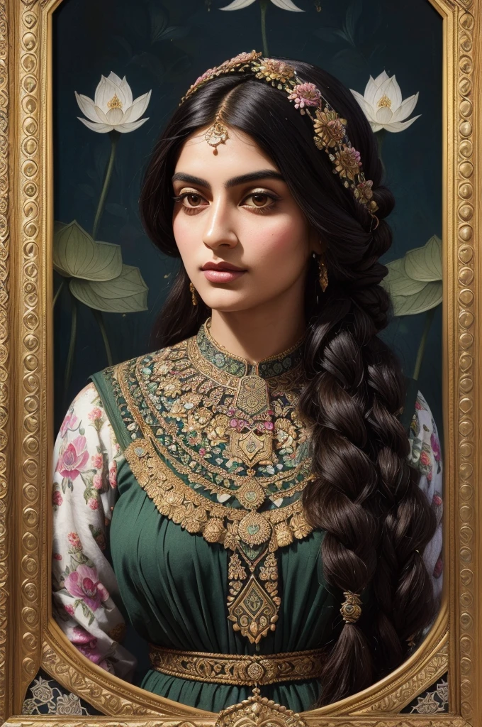 Persian Qajar period woman , ((28 years old)) , casual face , , Bright dark face , ((Long curly hair tied))
, ((detailed face)) , Rembrandt light , in traditional gown dress with hexa color #c270a0 ,((Lotus pattern on dress)) , ((background contains painting of birds among clouds )), ((perfect rectangular floral frame))