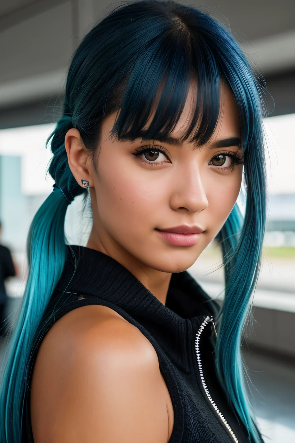 photo of (emikin:0.99), full body shot, full body portrait , can see legs in photo , legs, body a woman as a sexy TikTok influencer, cobalt hair, blue hair , teal hair , twintails, piggy tails, happy, backpack, grey tracksuit, indoors , at airport , awaiting flight, background airport flight board , bangkok airport , world traveeling , digital nomad , laptop, (extremely detailed CG unity 8k wallpaper), photo of the most beautiful artwork in the world, professional majestic (photography by Steve McCurry), 8k uhd, dslr, film grain, Fujifilm XT3 sharp focus, f 5.6, High Detail, Sharp focus, dramatic, (looking at viewer:1.2), (detailed pupils:1.3), (natural light), (seductive) , (masterpiece:1.3), (8k, photorealistic, RAW photo, best quality: 1.4), (1girl), beautiful face, (realistic face), beautiful hairstyle, realistic eyes, beautiful detailed eyes, (realistic skin), beautiful skin, (black sweater), absurdres, attractive, ultra high res, ultra realistic, highly detailed, golden ratio