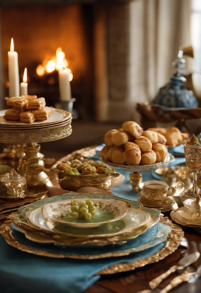 A beautifully set table with fine china, silver cutlery, and a variety of colorful pastries,HBO's Game of Thrones,Margaery is pretty with curly auburn hair, a heart shaped face, green eyes, wears sky blue dresses with gold jewelry, famously portrayed by Natalie Dormer, female