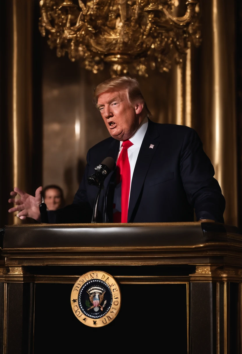 A photo of the user giving a speech from a podium with a microphone,original,Donald Trump is looking crazy good, handsome ass bro, always in a black car. Has drip. Diamond chains. Gold crown., male