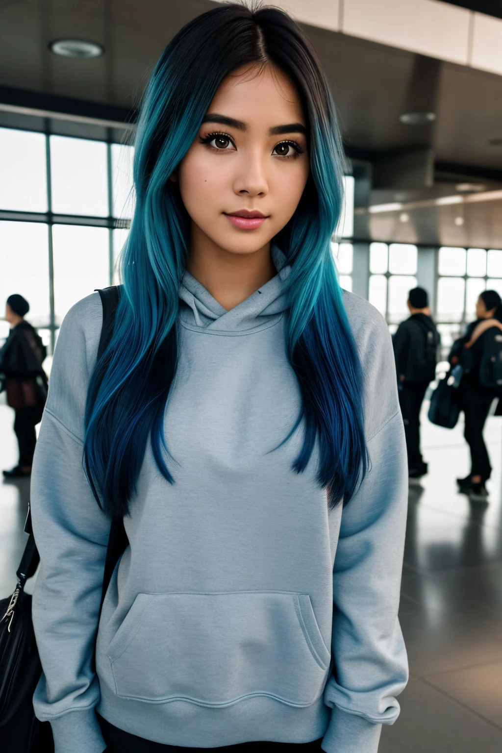 photo of (emikin:0.99), woman as a sexy TikTok influencer, cobalt hair, blue hair , teal hair , twintails, piggy tails, backpack, grey tracksuit, indoors , at airport , awaiting flight, background airport flight board , bangkok airport , world traveling , digital nomad , laptop, (extremely detailed CG unity 8k wallpaper), photo of the most beautiful artwork in the world, professional majestic (photography by Steve McCurry), 8k uhd, dslr, film grain, Fujifilm XT3 sharp focus, f 5.6, High Detail, Sharp focus, dramatic, (looking at viewer:1.2), (detailed pupils:1.3), (natural light), (seductive) , (masterpiece:1.3), (8k, photorealistic, RAW photo, best quality: 1.4), (1girl), beautiful face, (realistic face), beautiful hairstyle, realistic eyes, beautiful detailed eyes, (realistic skin), beautiful skin, (black sweater), absurdres, attractive, ultra high res, ultra realistic, highly detailed, golden ratio