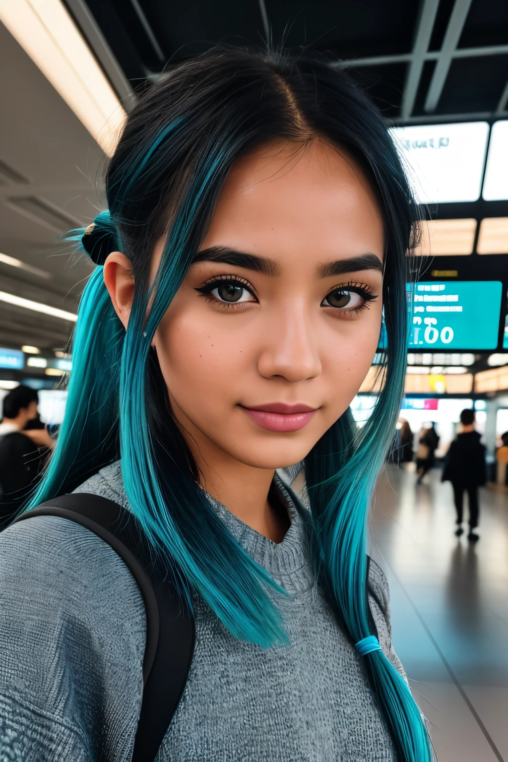 photo of (emikin:0.99), woman as a sexy TikTok influencer, cobalt hair, blue hair , teal hair , twintails, piggy tails, backpack, grey tracksuit, indoors , at airport , awaiting flight, background airport flight board , bangkok airport , world traveling , digital nomad , laptop, (extremely detailed CG unity 8k wallpaper), photo of the most beautiful artwork in the world, professional majestic (photography by Steve McCurry), 8k uhd, dslr, film grain, Fujifilm XT3 sharp focus, f 5.6, High Detail, Sharp focus, dramatic, (looking at viewer:1.2), (detailed pupils:1.3), (natural light), (seductive) , (masterpiece:1.3), (8k, photorealistic, RAW photo, best quality: 1.4), (1girl), beautiful face, (realistic face), beautiful hairstyle, realistic eyes, beautiful detailed eyes, (realistic skin), beautiful skin, (black sweater), absurdres, attractive, ultra high res, ultra realistic, highly detailed, golden ratio