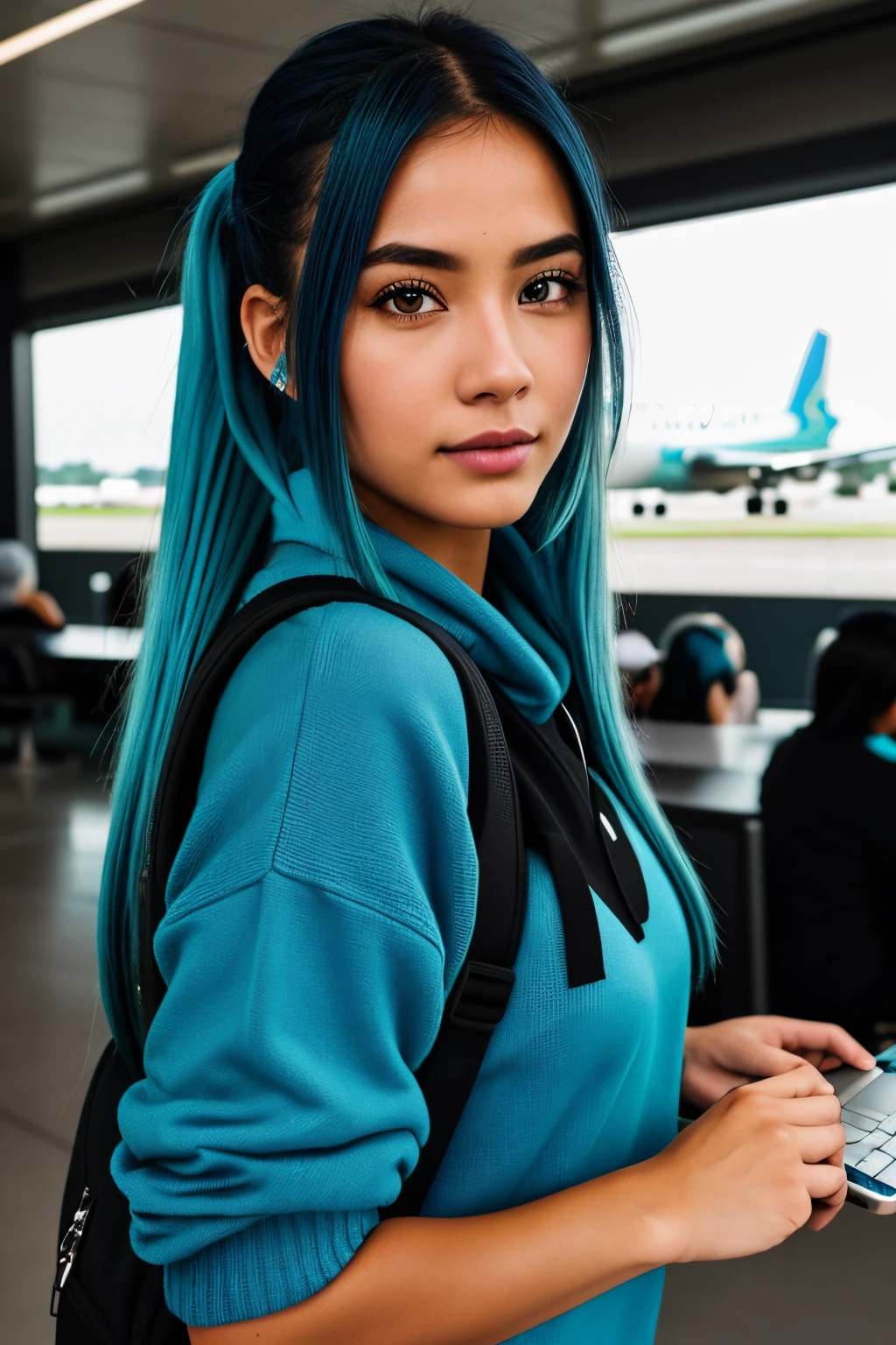 photo of (emikin:0.99), woman as a sexy TikTok influencer, cobalt hair, blue hair , teal hair , twintails, piggy tails, backpack, grey tracksuit, indoors , at airport , awaiting flight, background airport flight board , bangkok airport , world traveling , digital nomad , laptop, (extremely detailed CG unity 8k wallpaper), photo of the most beautiful artwork in the world, professional majestic (photography by Steve McCurry), 8k uhd, dslr, film grain, Fujifilm XT3 sharp focus, f 5.6, High Detail, Sharp focus, dramatic, (looking at viewer:1.2), (detailed pupils:1.3), (natural light), (seductive) , (masterpiece:1.3), (8k, photorealistic, RAW photo, best quality: 1.4), (1girl), beautiful face, (realistic face), beautiful hairstyle, realistic eyes, beautiful detailed eyes, (realistic skin), beautiful skin, (black sweater), absurdres, attractive, ultra high res, ultra realistic, highly detailed, golden ratio