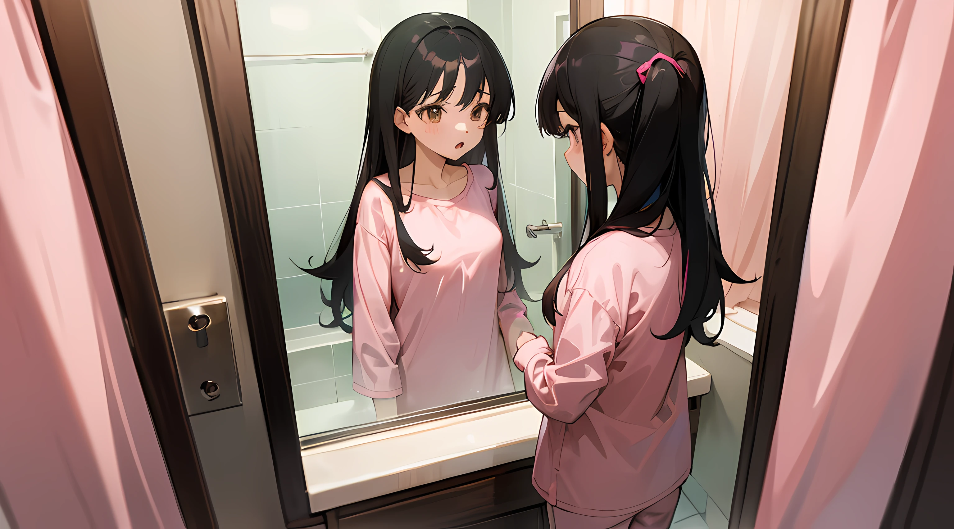 anime girl standing in the bathroom, looking at a mirror, (1girl), long black hair, brown eyes, small breasts, pink pajamas, surprised look, ultrasharp, masterpiece, high res, 8k