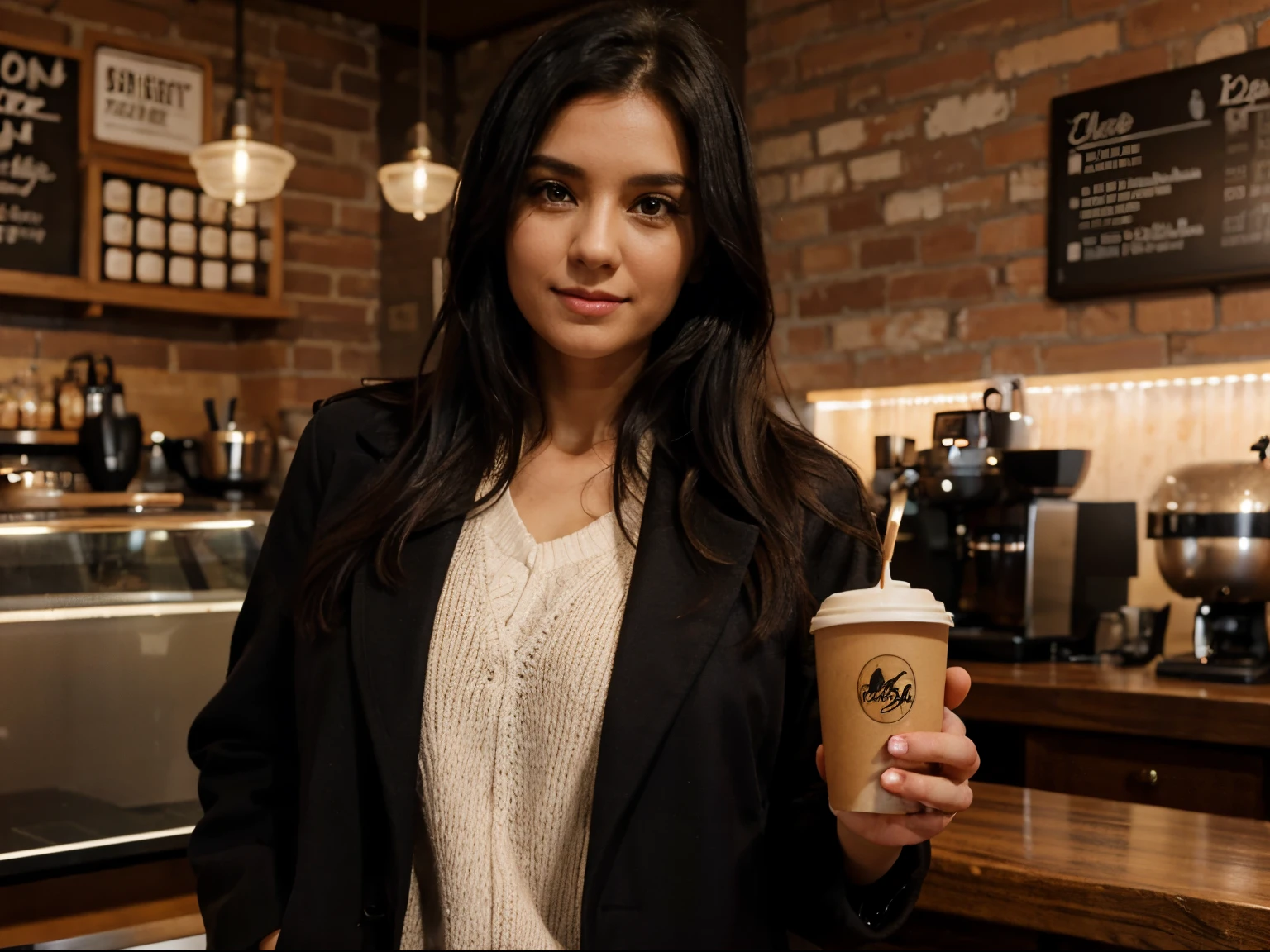 girl 30 years old in a coffee shop with black hair, chest size 3 in a coat