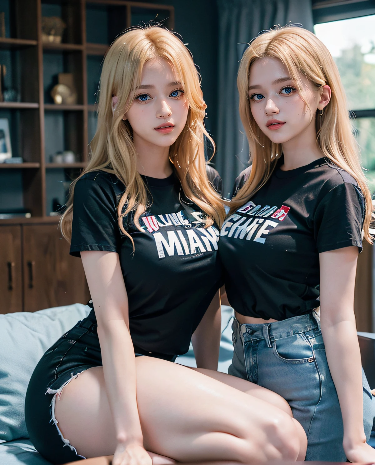 2girl, (gemelos), (ojos azules), (They are smiling), (En nombre de Minaj), caderas anchas, tetas grandes, grande, Trasero redondo, (La mejor calidad, 8k, Obra maestra: 1.3), Manos perfectas, Enfoque claro: 1.2, Belleza corporal perfecta: 1.4 , abdominales delgados: 1.2, Highly Detailed Face and Skin Texture, ojos detallados, 双眼皮, (Cabello largo rubio), (camiseta negra), (vaqueros), en una sala de estar, (junto a su hermana gemela :1.4), Beso en la mejilla