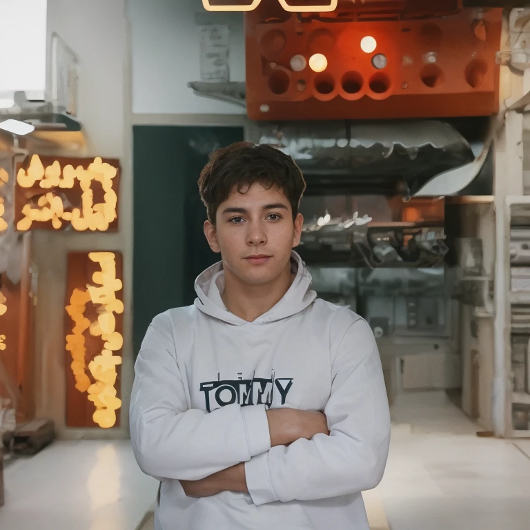 Draw a young programmer, sitting on a research platform floating in the middle of an asteroid belt. He is studying with a notebook, surrounded by several asteroids glowing with fiery auras. Dramatic lighting from distant stars and planets illuminates the scene, casting deep shadows on the suit. The young man looks confident and determined, looking at the vast and mysterious universe with wonder and respect,facial hair, cowboy shot,