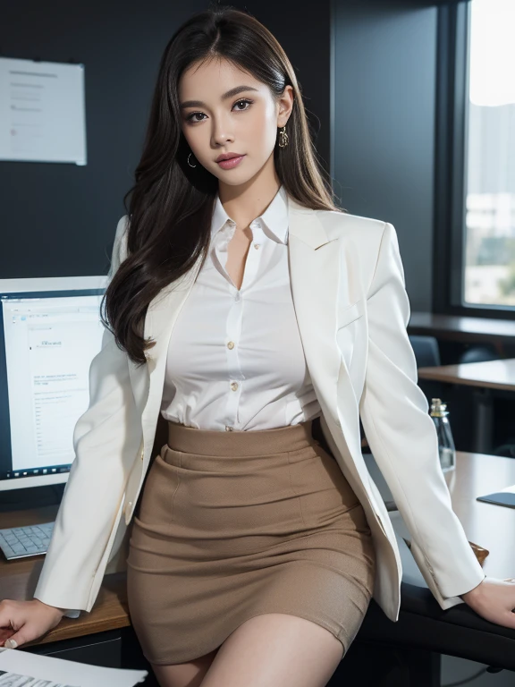 (8k, highest quality, ultra detailed:1.37), (Janette), 18yo, (a sophisticated Afrikaner college girl), exudes professionalism in a modern office setting. Dressed in a tailored Blazer and Pencil Skirt combo, she showcases her impeccable style and confident demeanor. The high-resolution image captures ultra-detailed realism, highlighting Janette's captivating eyes, long eyelashes, and flawless complexion. The sleek office environment adds to the sophisticated atmosphere, creating a visually stunning representation of Janette's professional image.