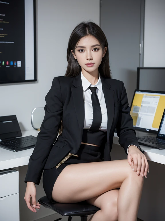 (8k, highest quality, ultra detailed:1.37), (Janette), 18yo, (a sophisticated Afrikaner college girl), exudes professionalism in a modern office setting. Dressed in a tailored Blazer and Pencil Skirt combo, she showcases her impeccable style and confident demeanor. The high-resolution image captures ultra-detailed realism, highlighting Janette's captivating eyes, long eyelashes, and flawless complexion. The sleek office environment adds to the sophisticated atmosphere, creating a visually stunning representation of Janette's professional image.