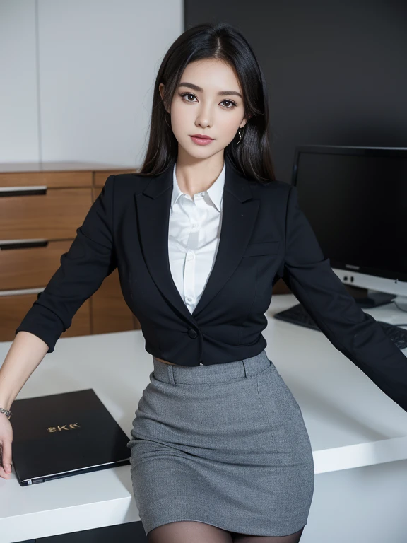 (8k, highest quality, ultra detailed:1.37), (Janette), 18yo, (a sophisticated Afrikaner college girl), exudes professionalism in a modern office setting. Dressed in a tailored Blazer and Pencil Skirt combo, she showcases her impeccable style and confident demeanor. The high-resolution image captures ultra-detailed realism, highlighting Janette's captivating eyes, long eyelashes, and flawless complexion. The sleek office environment adds to the sophisticated atmosphere, creating a visually stunning representation of Janette's professional image.