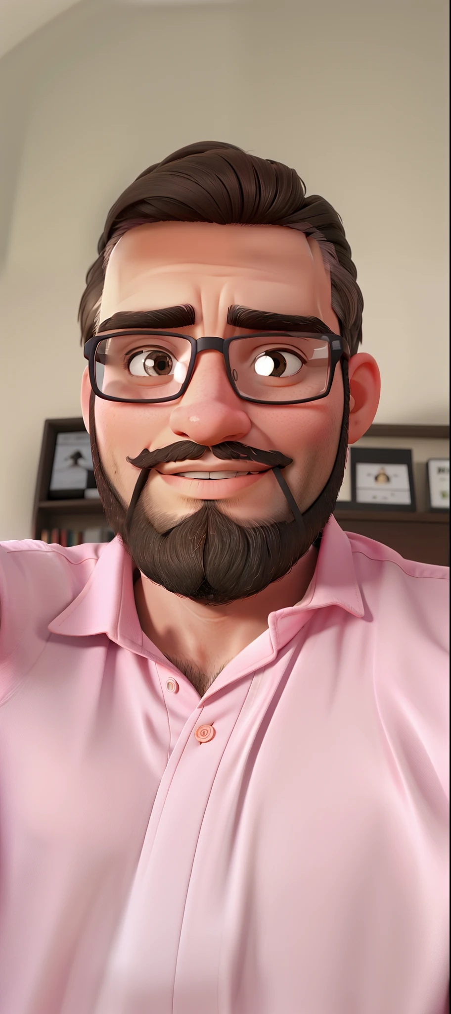 Selfie in glasses with beard pink blouse