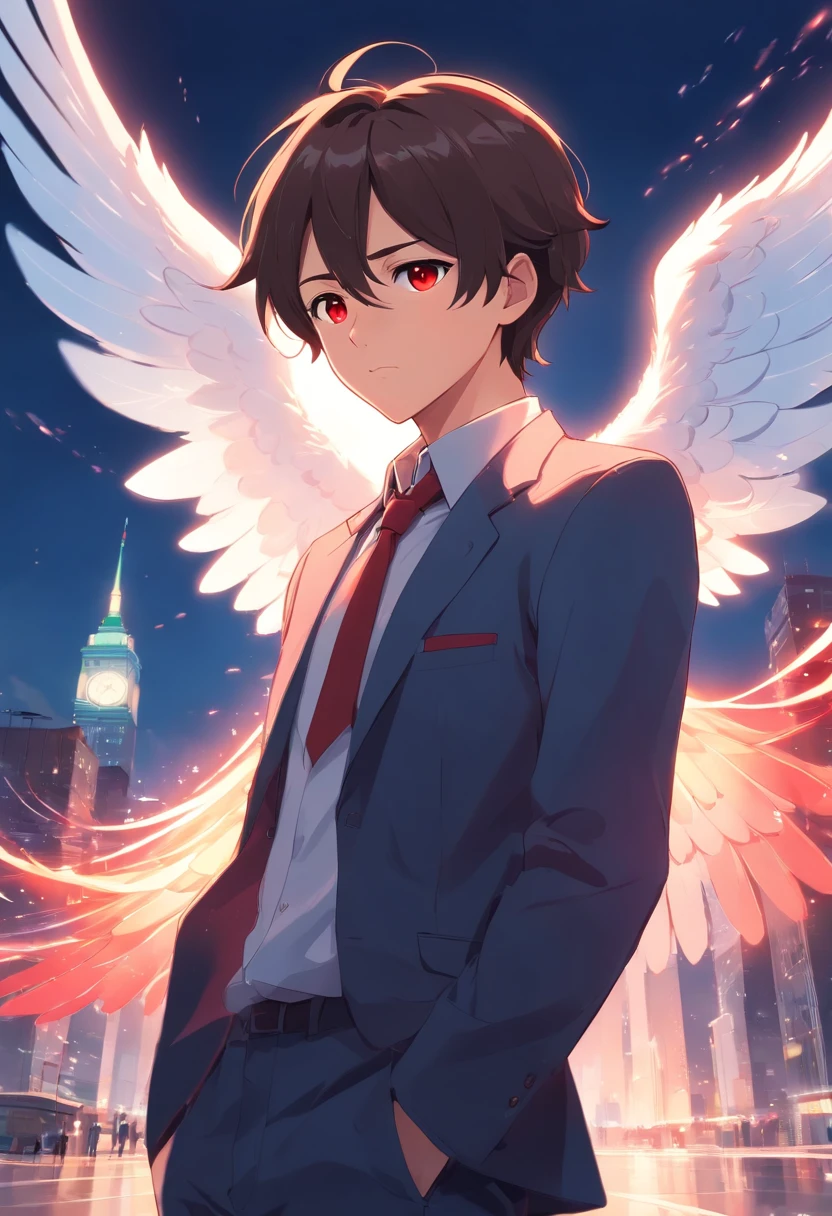 A dignified appearance as a man, brave and very smart, Well-shaped face and bright red eyes.Angel in T pose.