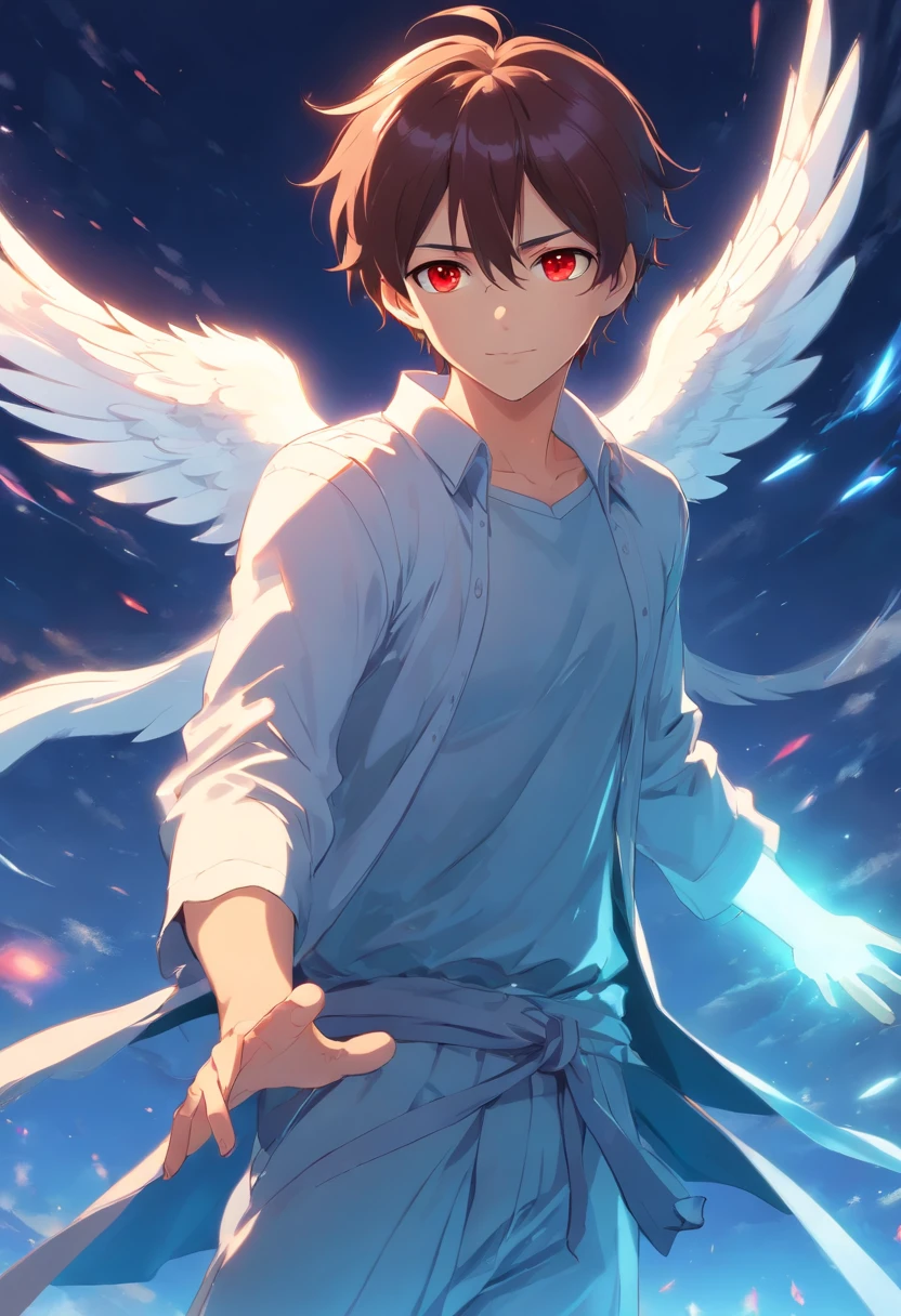 A dignified appearance as a man, brave and very smart, Well-shaped face and bright red eyes.Angel in T pose.