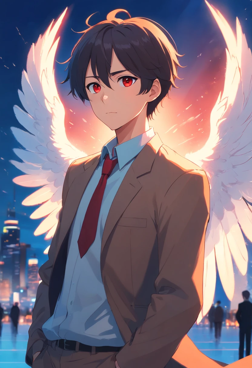 A dignified appearance as a man, brave and very smart, Well-shaped face and bright red eyes.Angel in T pose.
