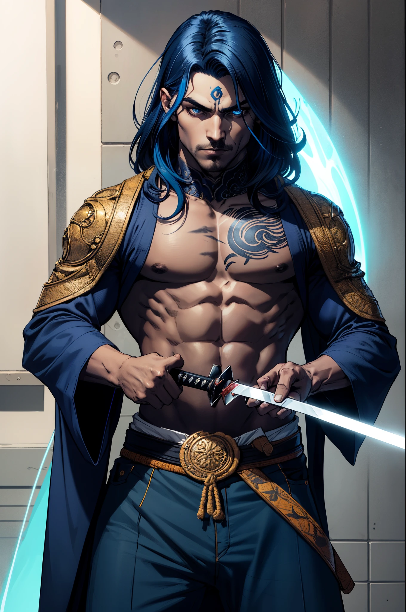 Um garoto bonito de olhos azuis com uma aura preta uma katana azul