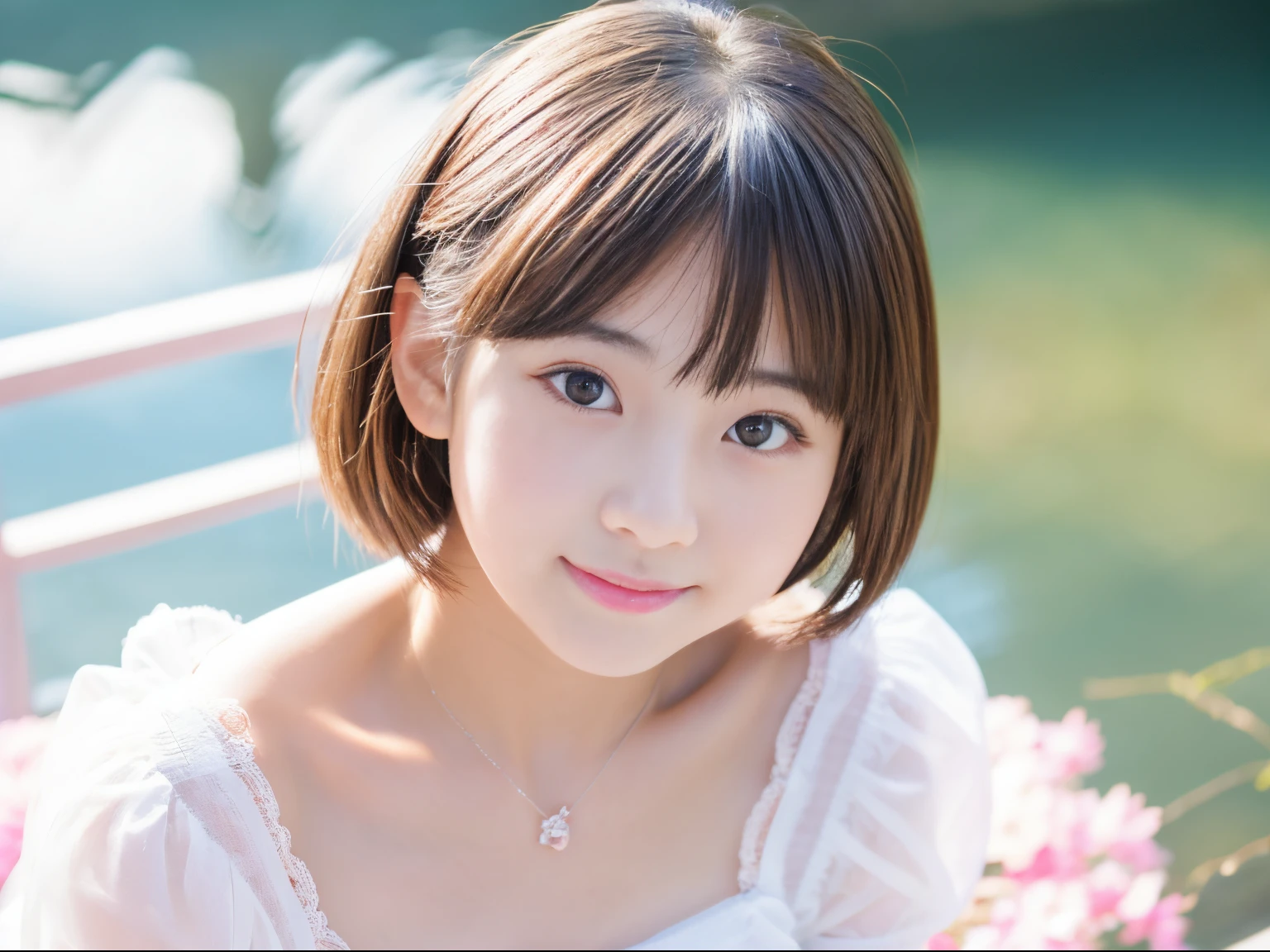 14 year old cute Japan girl in white camisole、Crystal clear white skin、pale pink cheeks,、Bust Up Portrait、short-hair、Looking at the camera、鎖骨、High-angle camera shooting