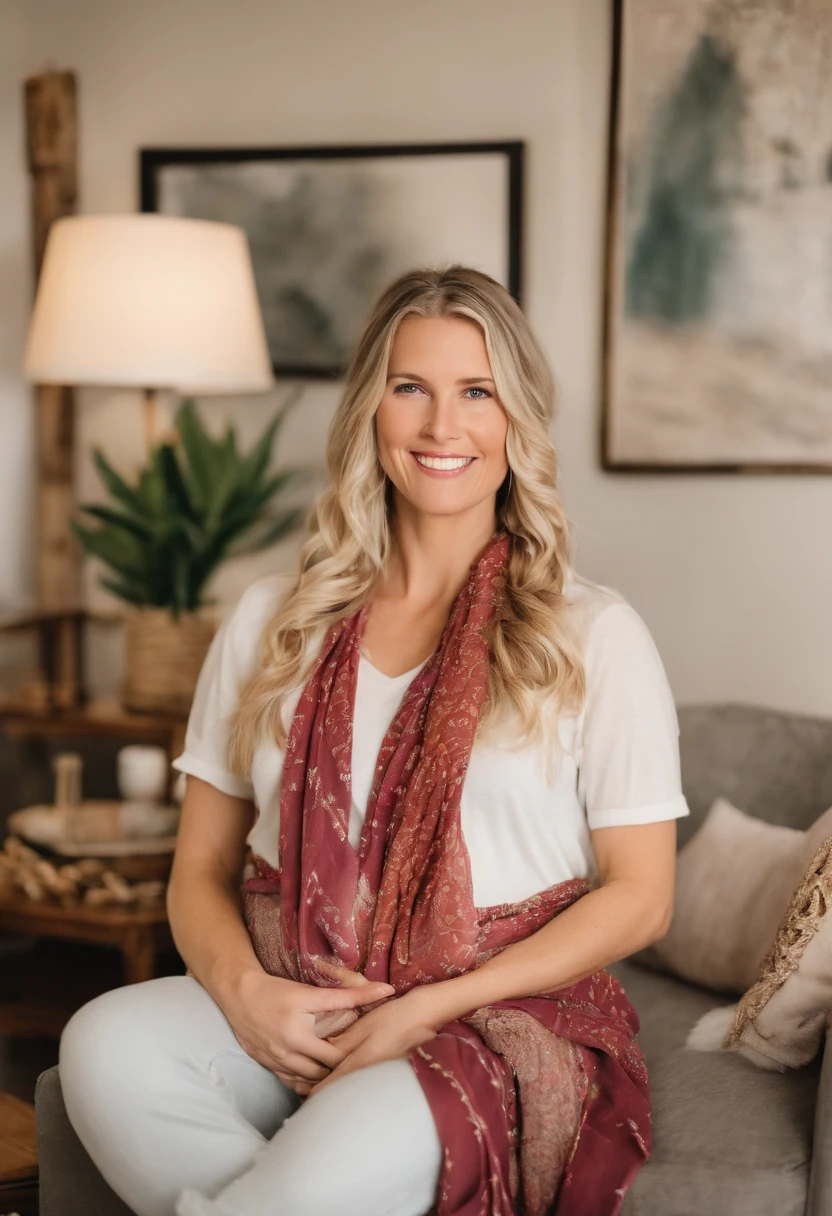 An image of Charlie organizing a birth and newborn care workshop in her living room, with comfortable seating and educational materials set up,original,Charlie is pregnant, tall and blonde and skinny frame even though she is very pregnant. About eight months pregnant. She is beautiful. She dresses bohemian style. Wears scarves over her hair and headbands. , female