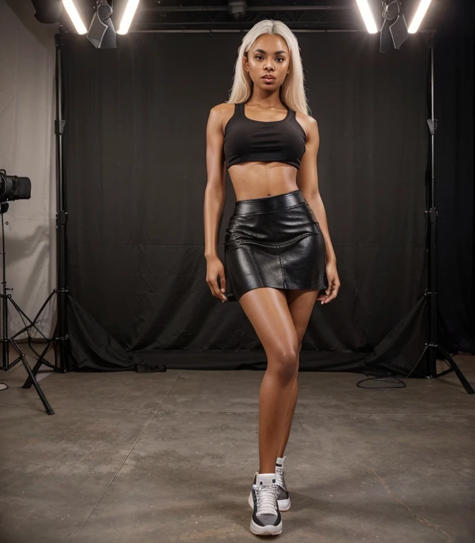 solo full shot of a very attractive ((brown skin young woman ))she is beautiful and petite wearing a black fashionnova  skirt set ((lifelike skin texture)) ((very detailed image )) she has a petite figure ((stunning eyes and a sharp nose)) a perfect ((blonde white hair))UHD, a Masterpiece,Realistic textures,(( hyper-realistic)), 8k, photorealistic, XT3 grain,Fujifilm((ines c dos santos)) standing in a (( professional lighting ))studio (( black Fashionnova trending skirt and top set  outfit )) black  fashionnova baddie look with jordan shoes