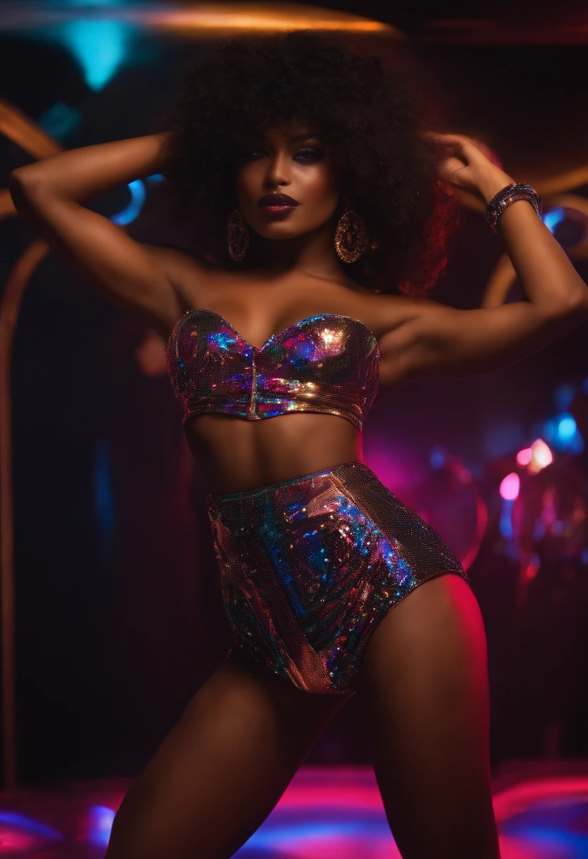 Corps de Perfection, debout, Photographie fine, dark skinned, Curly hair and afro cut, afro, jupe, hanches larges sexy, beau corps, ((Dark African skin, Very deep ebony skin)), ((Its beauty is undeniable)), ((Cute face and blue eyes)), ((Hyper detailed perfect eyes,)), ((pose mignonne et sexy)), (( grosse poitrine et rebondi)), ((Langue sortie)), ((attractif )), sexy, (( soutien gorge assorti au bas du bikini , Very sexy black bikini)), ((Afro African long curly,)), ((Revealing belly with a piercing on the belly button)), ((debout, vue de face)), ((toucher ses propres jambes dans une pose sexy)), ((outside, in a nightclub)), CGI ciblé, Fotorrealista, High detail, Realstic,  Best quality, Hdr, highly quality, high-definition, extremly detailed, 8k wallpaper, intricate high detail, 8K UHD, Full-HD, (photo realist: 1.2), contraste, intense illumination, lighting cinematic, natural lighting, hard light, backlight, Illumination globale, occlusion ambiante