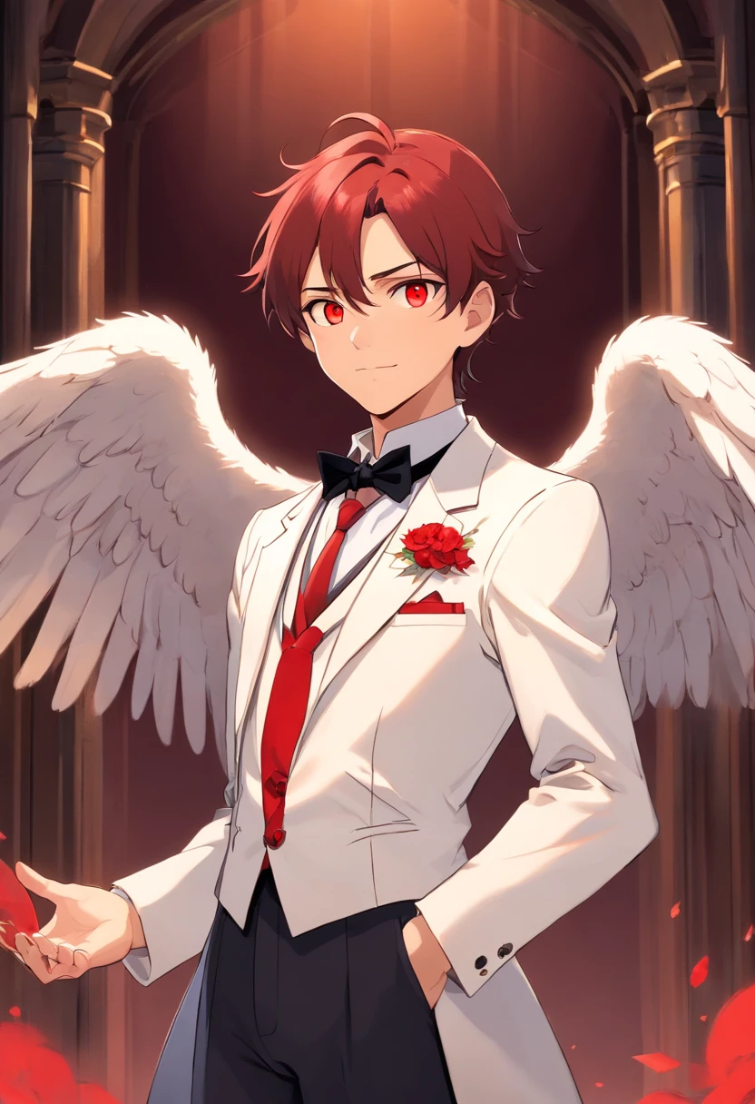 A dignified appearance as a male butler, brave and very smart, Well-shaped face and bright red eyes.Angel in T pose.