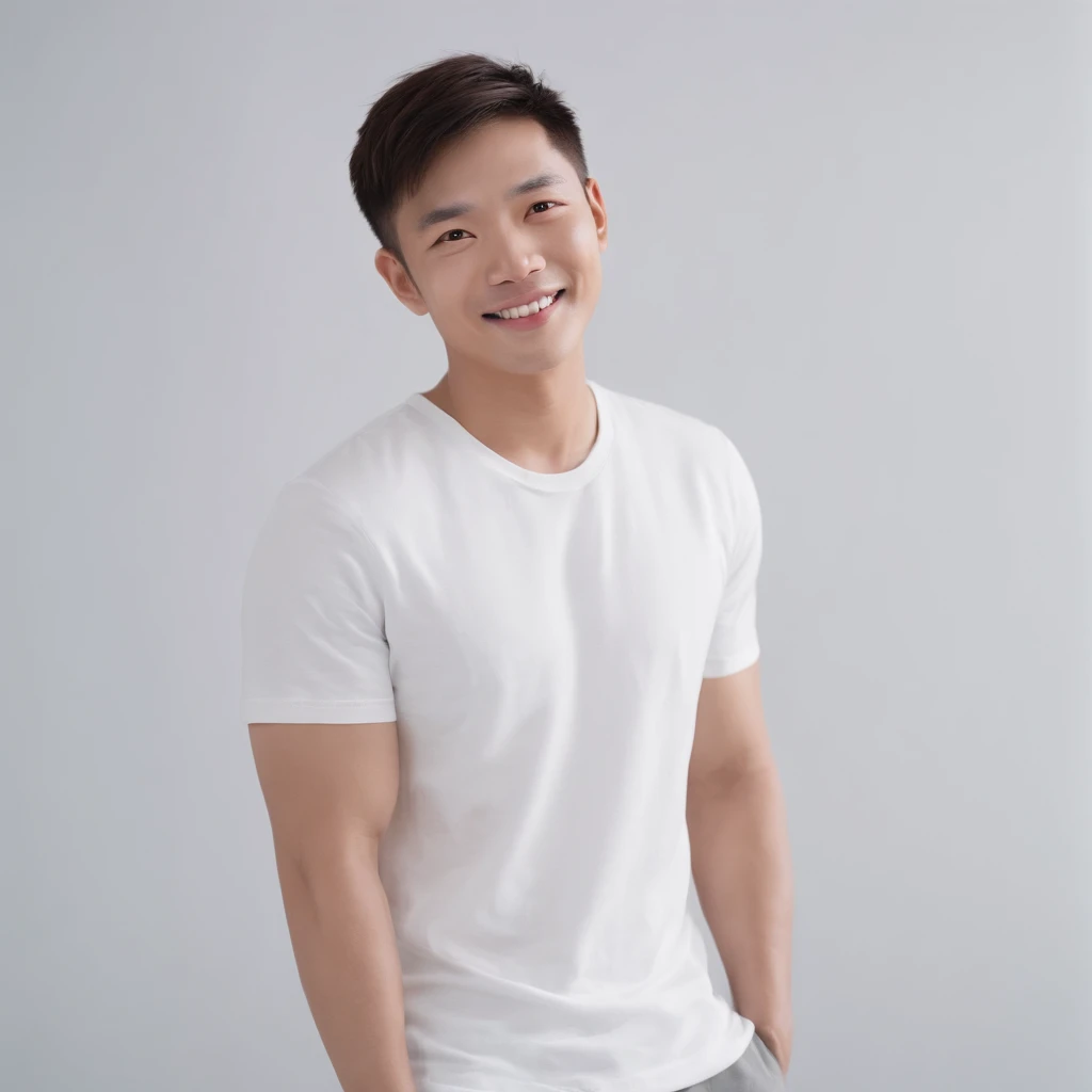 (Photo: 1.3) in the (Realistic: 1.3), East Asian Men, Soft light, Clear face, front, ((White T-shirt)), Cheerful, Warm light, ((Gray-white gradient background)), Smile, (Background)) ,avatar,(Short hair),Handsome,年轻,,Short hair,((avatar))