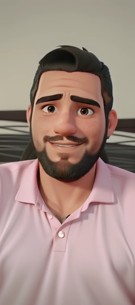 Homem moreno, gordo de blusa rosa e barba
