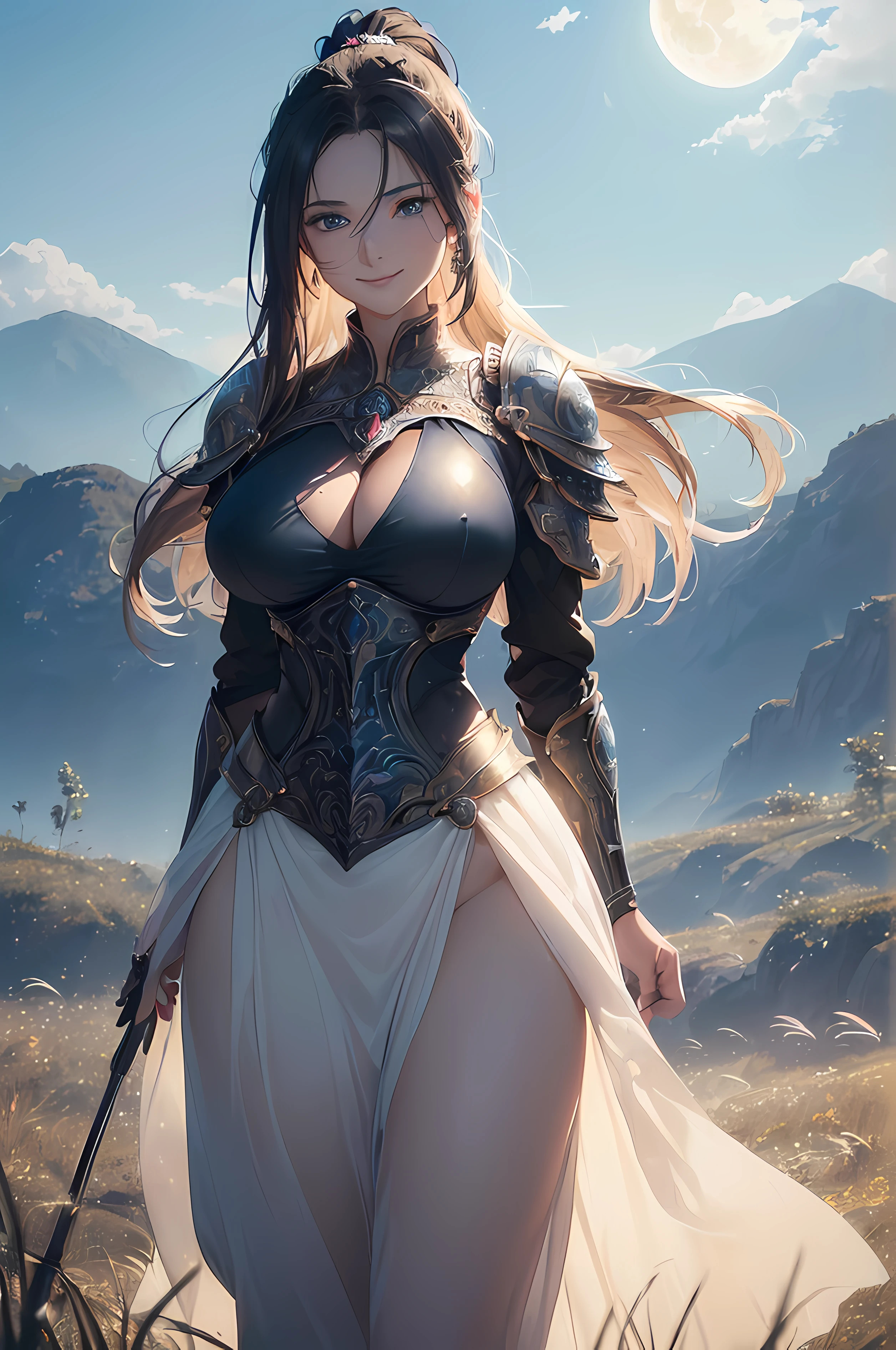 A beautiful woman, ((((realistic oil art, 46-year-old Empress, vibrant look, ((medieval clothe, medieval chest armor)), top of the mountain, 1girl, masterpiece, extremely detailed, (beautiful detailed glow), lens flare, sunrise, clouds, backlighting, (blue sky), gradient sky, female knight, armor ornament, red details, deep blye color armor, black color ornament, holding a weapon
, light from behind, shadow on the figure, smile, laughter, standing in the distance, looking at the viewer, full-length
, elegance under the sun, hair ornament, movement motion, image look alive, perfect body figure, very big breast, very big ass, beautiful face, milf, royal, blazing black color hair, blue eyes, ponytail hair style, beautiful skin, Extremely details hair, fine details, cinematic lighting, beautiful lighting effect, creative design, full body frame, divine aura, hard harmony , shining light, perfect color transition, perfect balance of contrast, perfect color layer, perfectly smooth color blur, soft rendering, smooth color stroke, moon glare, optic lens, moonlight ray, soft colors, smooth colors blend, perfect color rendering, harmony, perfect color harmony, beautiful color, soft harmony, light particles, perfect details, intricate details, color prism, fine details, refine details, intricate clothes details, fine clothes, smooth fabric clothes texture, different angle))), Tachibana Omina art style, affectionate eyes, half a smile, slightly open mouth, a gentle expression on his face, serene scenery of grassland under the sun, grass floating around, calm, breeze and sunlight in the background, butterflies in the sky, realism, ((Best quality))),8k,((Masterpiece)),(Extremely refined and beautiful)
