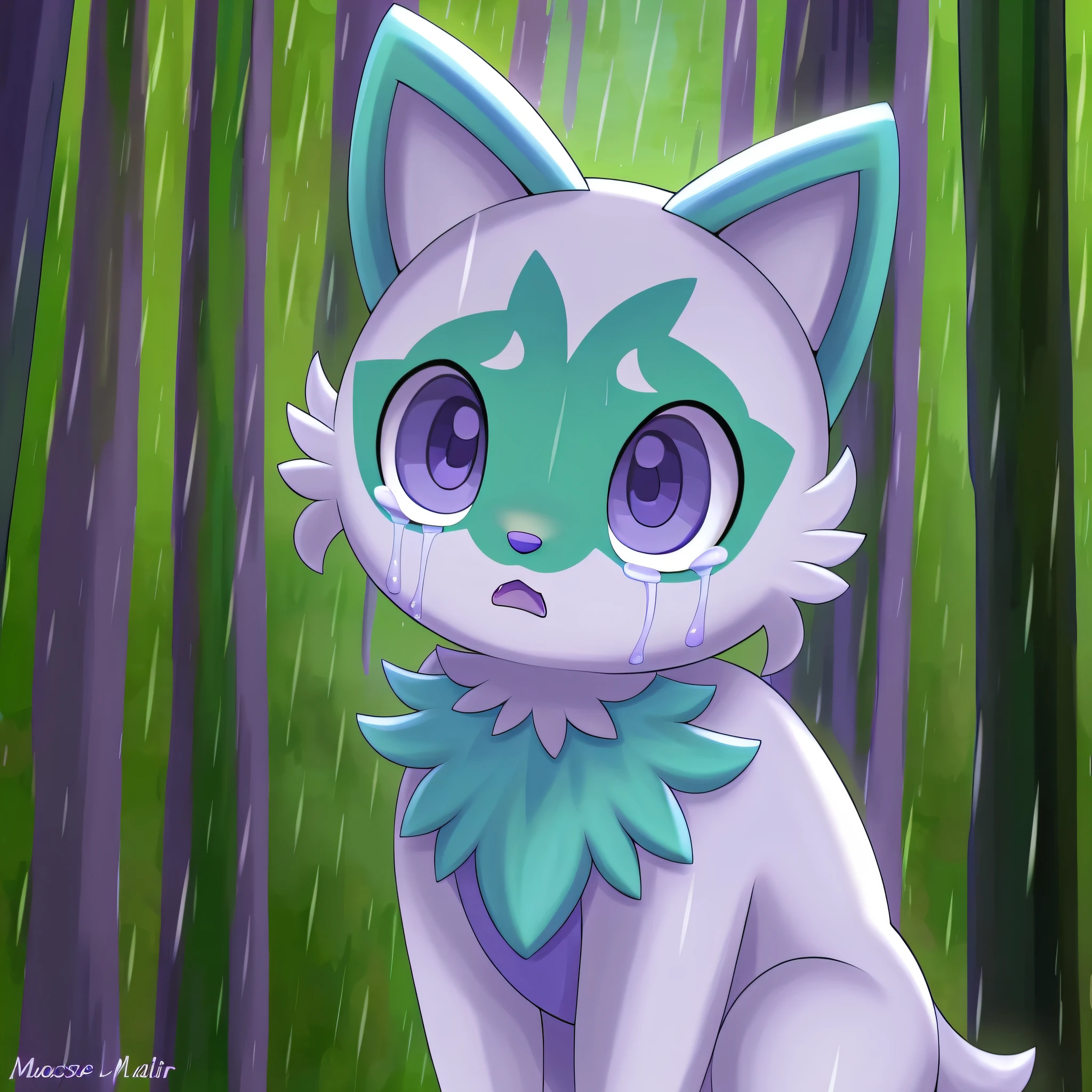 Obra maestra, La mejor calidad, the highest picture quality, purple eyes, brillante, Fondo del bosque, solamente, hembra, triste, llanto, tear, boca abierta, cabeza inclinada, lluvia
