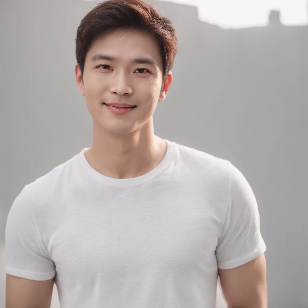 (Photo: 1.3) in the (Realistic: 1.3), East Asian Men, Soft light, Clear face, ((White T-shirt)), Cheerful, Warm light, ((Gray-white gradient background)), Smile, (Background)). ((Gray wall background)) avatar, (Short hair), Handsome, 年轻,, Short hair, ((Upper body))