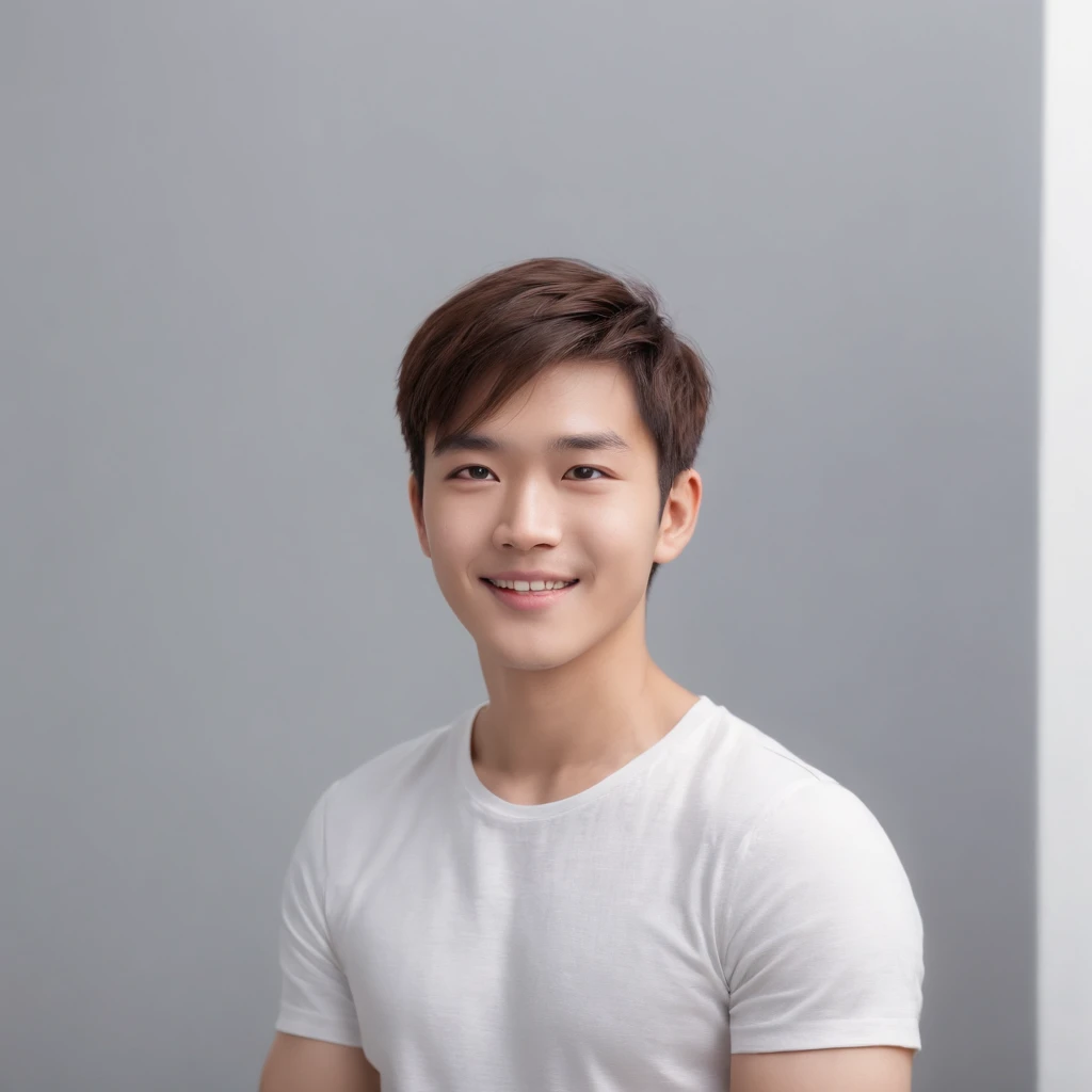 (Photo: 1.3) in the (Realistic: 1.3), East Asian Men, Soft light, Clear face, ((White T-shirt)), Cheerful, Warm light, ((Gray-white gradient background)), Smile, (Background)). ((Gray wall background)) avatar, (Short hair), Handsome, 年轻,, Short hair, ((Upper body))