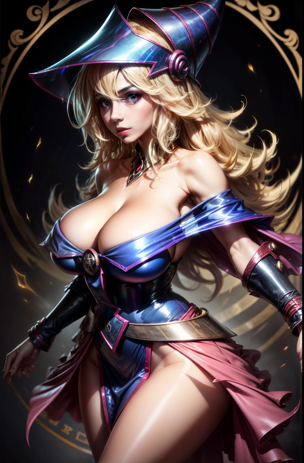 Dark Wizard Gils Translucent In Dress. Sujestiva y posando sexy. Background of hearts and magic in circles........