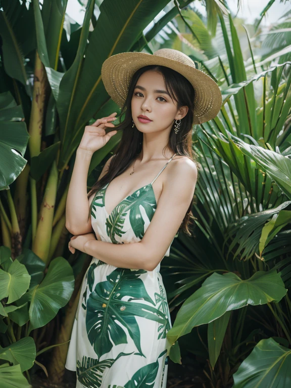 (8k, highest quality, ultra detailed:1.37), (Janette), 18yo, (a tropical Afrikaner college girl), enjoys the beauty of a tropical paradise. Dressed in a vibrant Floral Dress and a wide-brimmed Hat, she explores a lush tropical landscape. The high-resolution image captures ultra-detailed realism, emphasizing Janette's captivating eyes, long eyelashes, and flawless complexion. The exotic tropical backdrop, with palm trees and turquoise waters, adds to the serene atmosphere, creating a visually stunning representation of Janette in a tropical paradise.