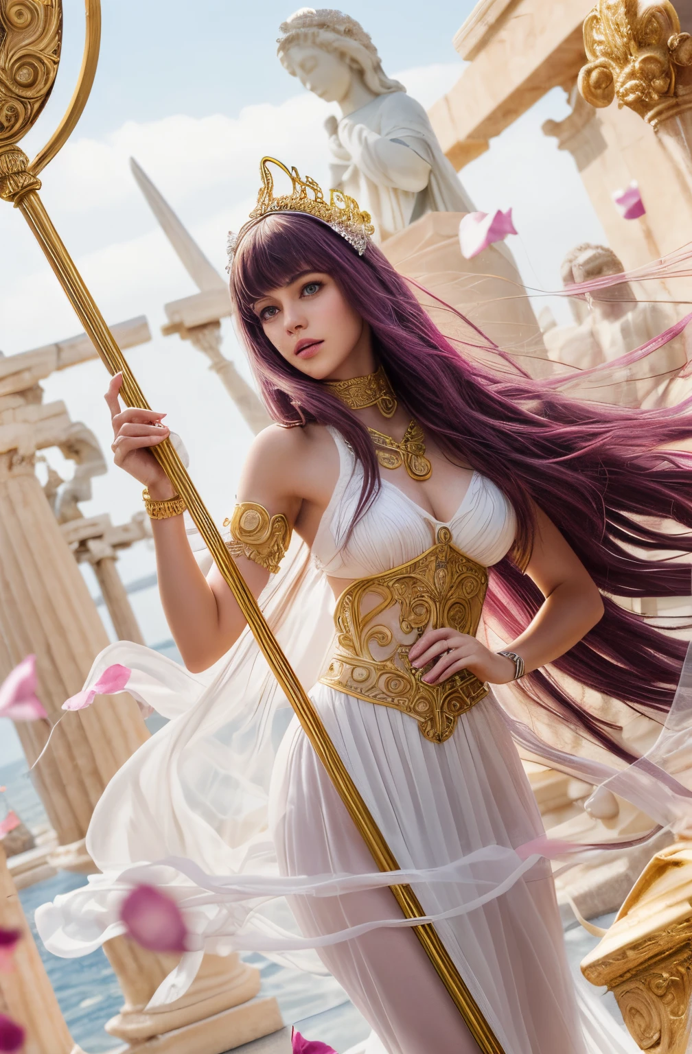 Highresolution, hyper-realistic. Masterpiece, full-body of beautiful woman about 18 years old. 1girl, greek, big green eyes, ((Perfect green eyes)), beautiful face, detailed face, delicate nose, delicate lips, rose lips, long purple hair, straight hair, ((bangs)), delicate white long dress, golden ornate belt/corselet, Perfect dress. golden ornate collar, pearls necklace, delicate golden ornament at hair. golden staff in right hand, statue (no color) surrounded by greek columns and the see at background. illuminated by rose aura. Surrounded by rose petals. looking slightly by side. ((Well done hands)) ((perfect hands)), ((perfect fingers)). Cinematic light.