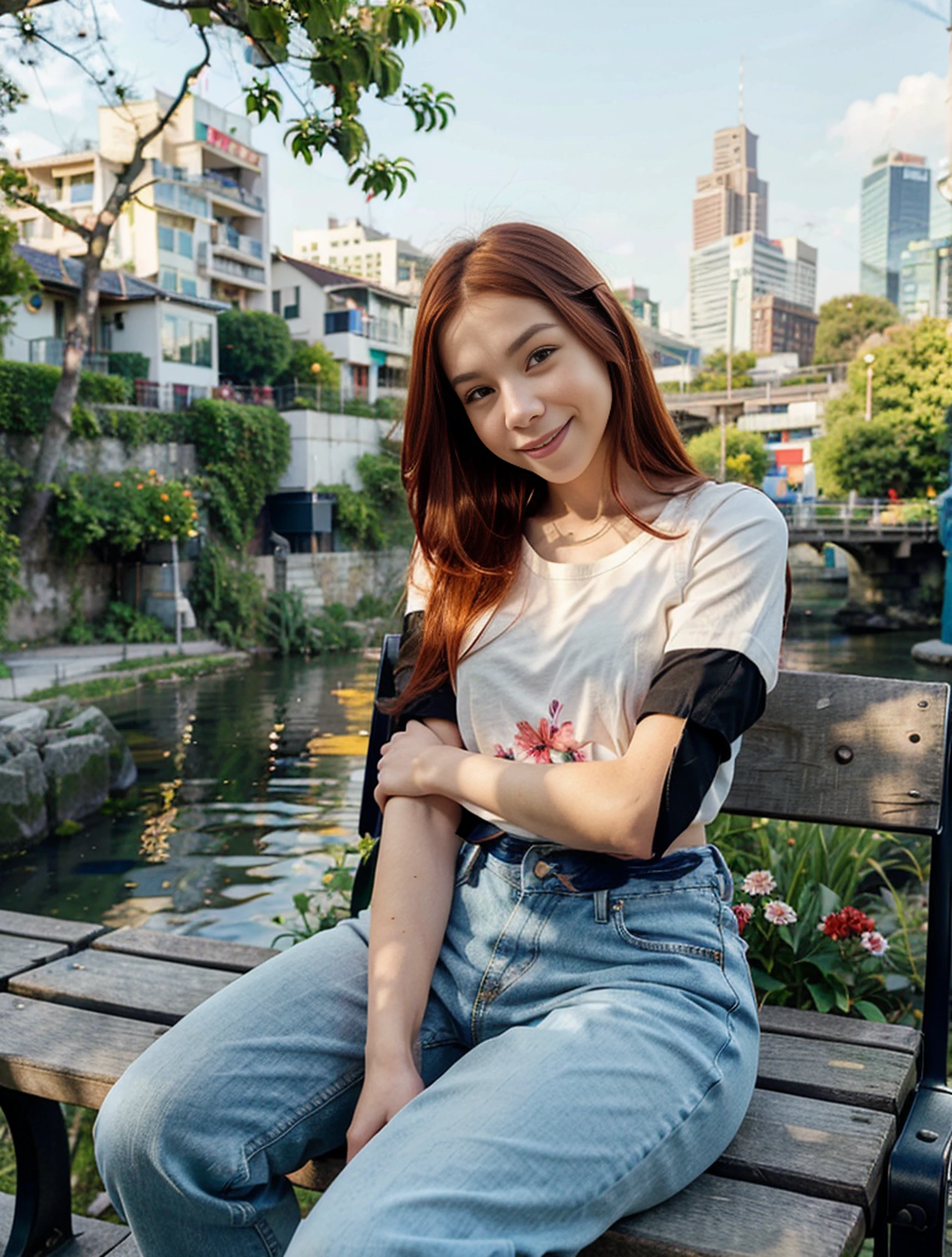 digital art, (girl, red_hair, flowers, baggy jeans, white shirt, discreet smile, cute look), (sitting on a bench, river in the background, golden hour),, by Daniil Suponitskiy jpegman