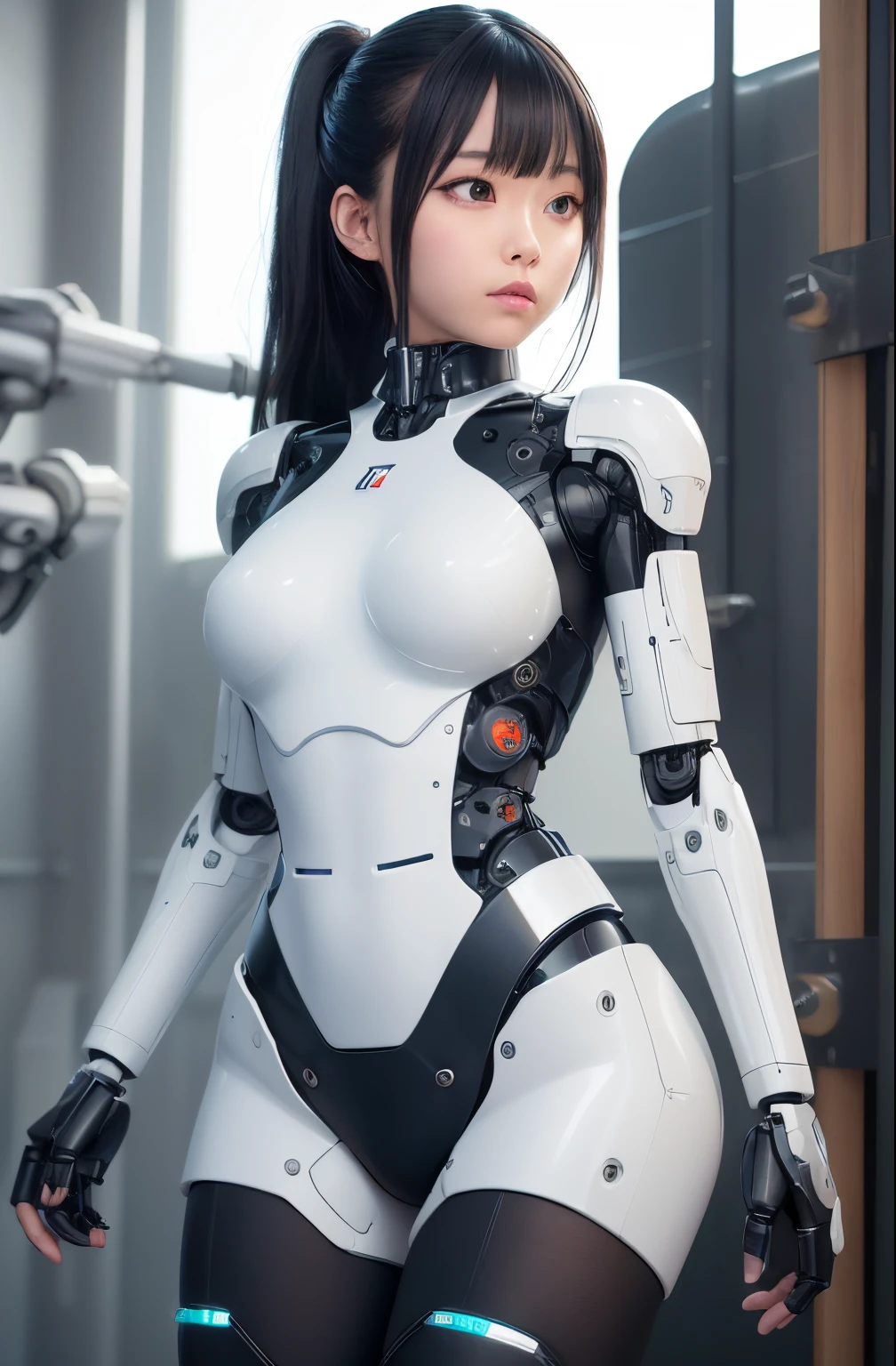 masutepiece, Best Quality, Extremely detailed, (Photorealistic:1.4),(Raw photo) (8K, 4K, Best Quality, hight resolution, 超A high resolution:1.1), (masutepiece, Realistic, Photorealsitic:1.1), 1girl in, Japaese Cyborg highschool Girl,Plump ,Navy Pleated Mini Skirt,Black tights,control panels,android,Droid,Mechanical Hand, ,Robot arms and legs, Black Robot Parts,Black hair,Mechanical body,Blunt bangs,White abdomen,White Robotics Parts,perfect robot woman,The laboratory of the future,cyberpunked,Charging spot,android factory,Robot Factory,cyborg factory,Long Tube,A thick cable connects her neck,ceramic body ,complete eyes,Striking eyes,Mechanical body,android,robot humanoid,japanese shighchool girl uniform