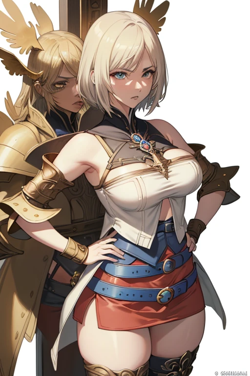 cowboy  shot,(the golden ratio,masutepiece, of the highest quality, Best Quality, Official art, Beautiful and aesthetic:1.2), ighly detailed, Colorful,highest details,Illustrations, fantastical scenes, (Adults,19,1girl in, Solo, Final Fantasy 12,Ashelia, shorth hair, short-hair,Ashelia Costume, Colossal tits, a miniskirt,knee sox, thighs thighs thighs thighs, jewely, Blue belt,Number on one of the belts),Line of action, Disdainful look , (White background:1.3),Hands on hips