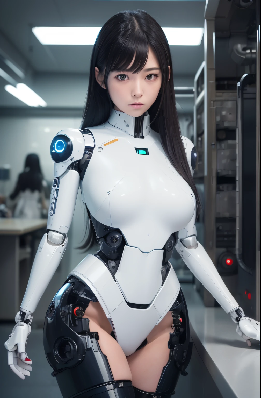 masutepiece, Best Quality, Extremely detailed, (Photorealistic:1.4),(Raw photo) (8K, 4K, Best Quality, hight resolution, 超A high resolution:1.1), (masutepiece, Realistic, Photorealsitic:1.1), 1girl in, Japaese Cyborg highschool Girl,Plump ,Navy Pleated Mini Skirt,Black tights,control panels,android,Droid,Mechanical Hand, ,Robot arms and legs, Black Robot Parts,Black hair,Mechanical body,Blunt bangs,White abdomen,White Robotics Parts,perfect robot woman,The laboratory of the future,cyberpunked,Charging spot,android factory,Robot Factory,cyborg factory,Long Tube,A thick cable connects her neck,ceramic body ,complete eyes,Striking eyes,Mechanical body,android,robot humanoid,japanese shighchool girl uniform