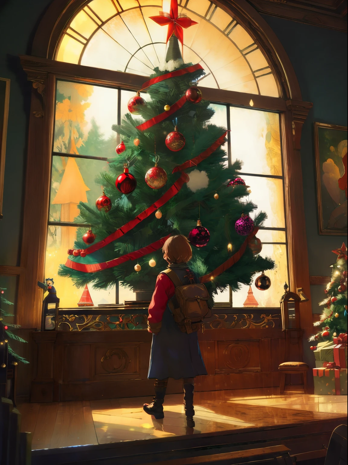 (Best Quality),(masutepiece),(ultra-detailliert),(detaileds),(Extremely detailed),There is a large window in the middle of the room.、There is a large Christmas tree in the center, dark and moody, broody, Scary, neons, barroco, romantic, intricate detailes, Ray tracing, Cinematic, Portrait, Raphael Stone, Craig Mullins and Katsuhiro Otomo, Mega upload style, Mega upload style, style of studio ghibli, Akira's style, Miyazaki style, Animated by Madhouse INC, Studio Ghibli, Howl's Moving Castle Style, Style of Peter Mohrbacher