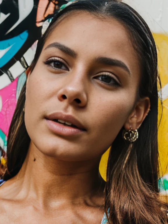 (best quality, ultra-detailed, realistic:1.37), professional, beautiful detailed eyes, beautiful detailed lips, detailed facial features, natural skin tones, perfect skin texture, delicate facial expressions, image in high resolution, (Janette), 18yo, (an Afrikaner street art enthusiast), poses in front of a vibrant graffiti mural. Her trendy urban outfit complements the colorful artwork, showcasing her appreciation for street art culture. The high-resolution image captures the intricate details of Janette's eyes, lips, and facial features, emphasizing her passion for urban art and self-expression.