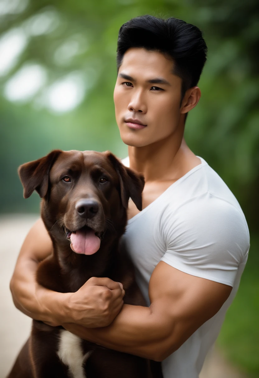 natural,( muscular asian man, goodlooking, Large ) , Dog