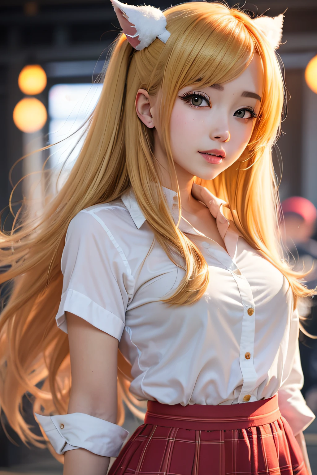 blond haired girl with long hair wearing a red skirt and white shirt, belle delphine, the hime cut, japanese goddess, anime girl in real life, anime girl cosplay, asuka langley sohryu, asuka langley souryuu, white hime cut hairstyle, asuka, asuka langley soryu, ahegao face, ahegao