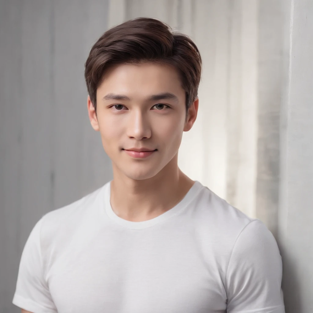(Photo: 1.3) in the (Photorealism: 1.3), Male Avatar, Soft light, Facial Focus, (((White T-shirt))) Happy, Cheerful, Smiling, Warm light, ((Solid color background)),( (Gray background)). ((Gray wall background)), profile image, (long or short hair), Smile, Handsome, 年轻,, Short hair, Smile