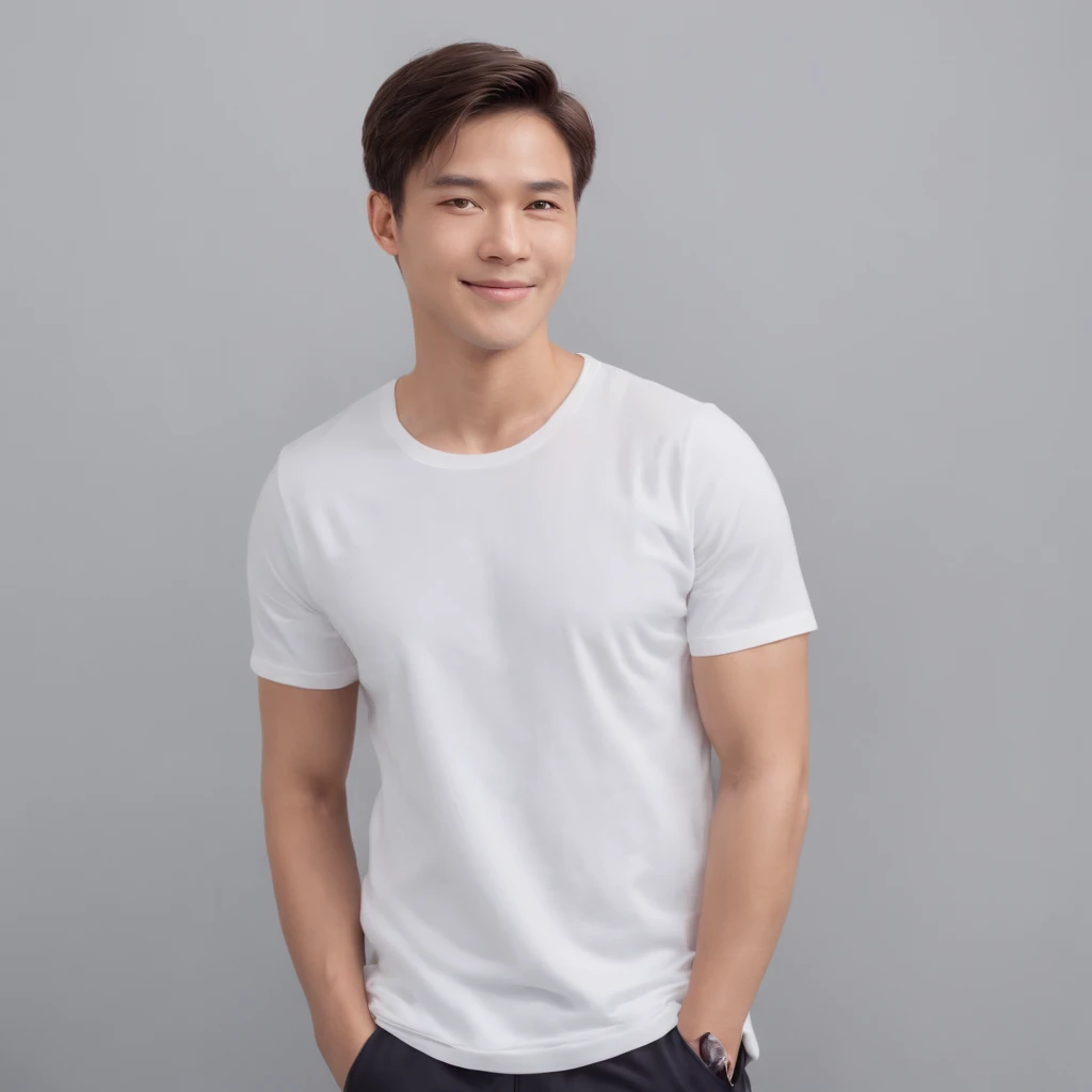 (Photo: 1.3) in the (Photorealism: 1.3), Male Avatar, Soft light, Facial Focus, (((White T-shirt))) Happy, Cheerful, Smiling, Warm light, ((Solid color background)),( (Gray background)). ((Gray wall background)), profile image, (long or short hair), Smile, Handsome, 年轻,, Short hair, Smile