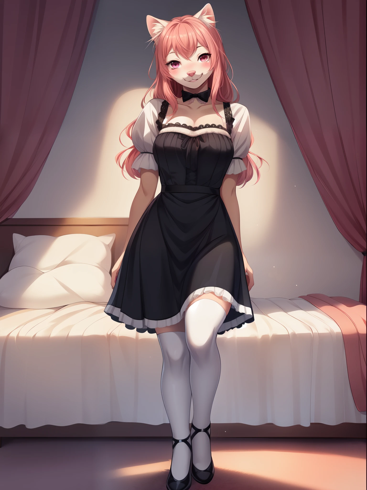 BY fumiko, by hudlmok99, pink eyes, pink nose, smiling softly, blend in perfectly