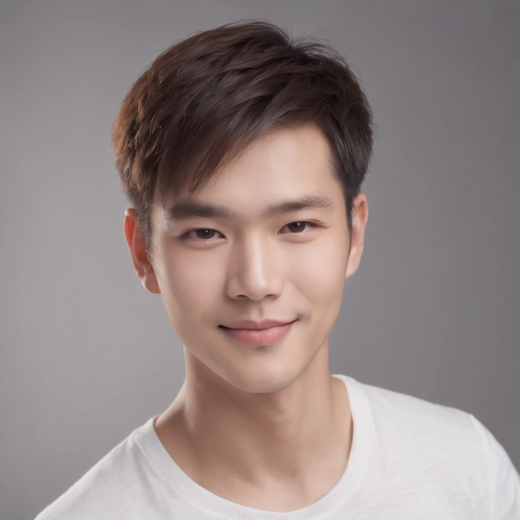 (Photo: 1.3) in the (Realistic: 1.3), East Asian Men, Soft light, Clear face, ((White T-shirt)), Cheerful, Warm light, ((Gray-white gradient background)), Smile, (Background)). ((Gray wall background)) avatar, (Short hair), Handsome, 年轻,, Short hair, ((macro photography))